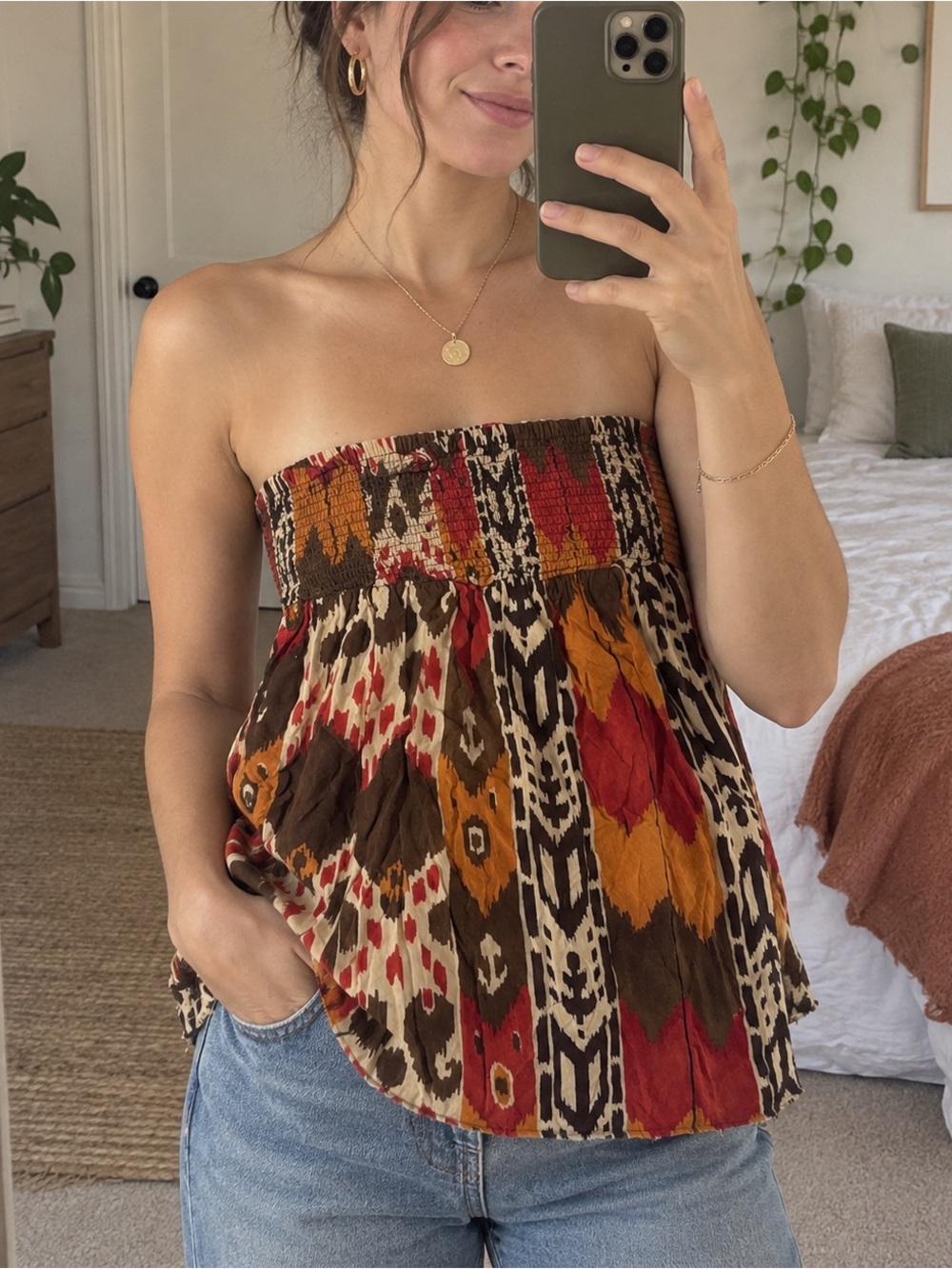 Boho Ikat Strapless Smocked Babydoll Tube Top Red Orange Brown